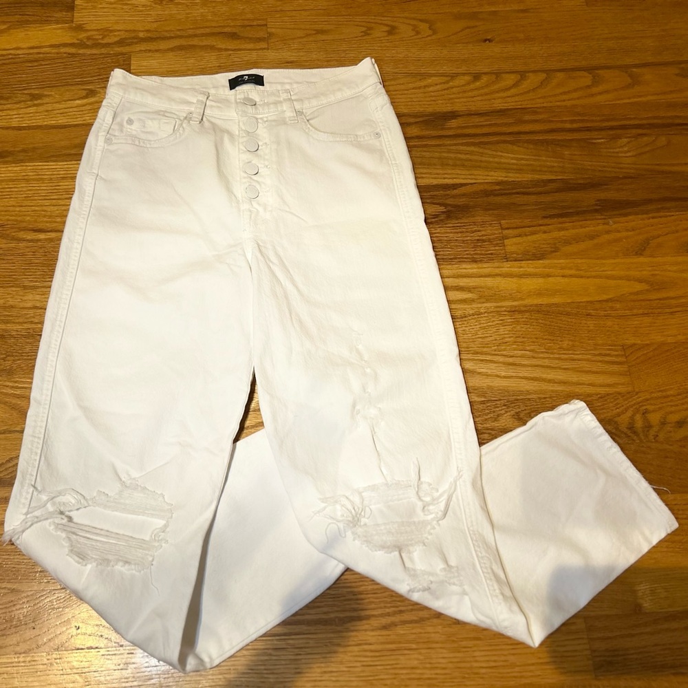 7 For All Mankind High Waist Cropped Straight White Ripped Jeans Size 27